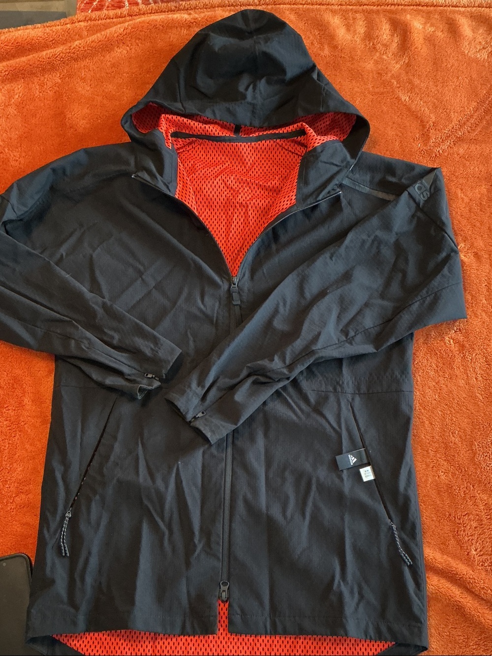adidas Black Hooded Windbreaker with Red Mesh Lining